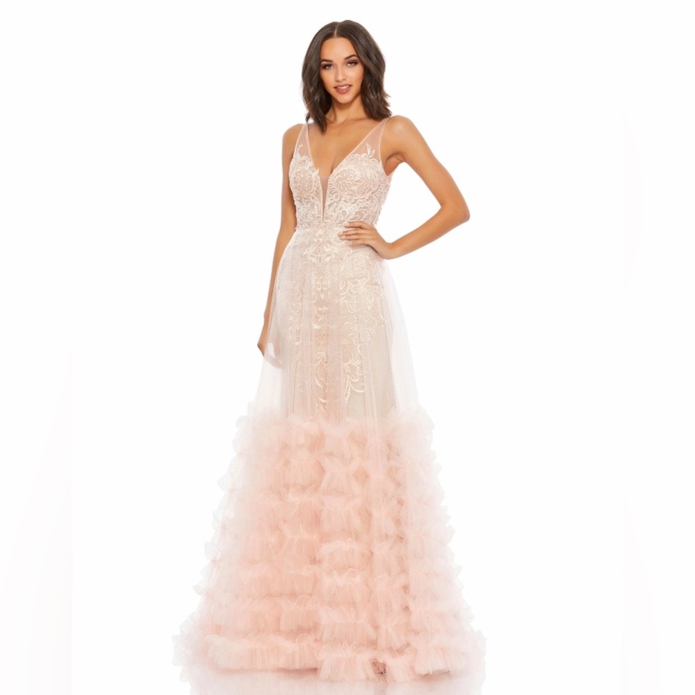 $998 Mac Duggal 11183 Peach Beaded Ruffle Gown | Elegant Formal Evening SZ 12